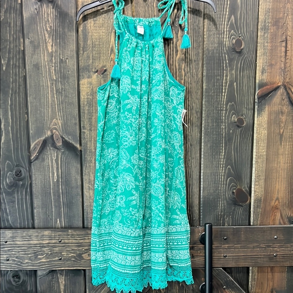 NWT Old Navy Boho Mini Dress M Turquoise Lace Floral Halter Tie Straps Tassels